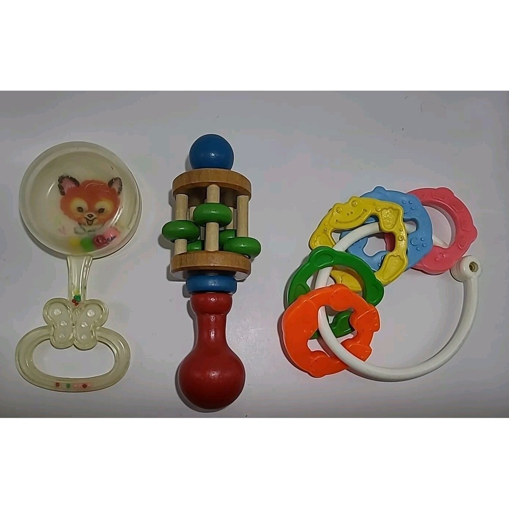 Collection Of Vintage Baby Rattle Fisher Price, Baby Fox,‎ Wood
